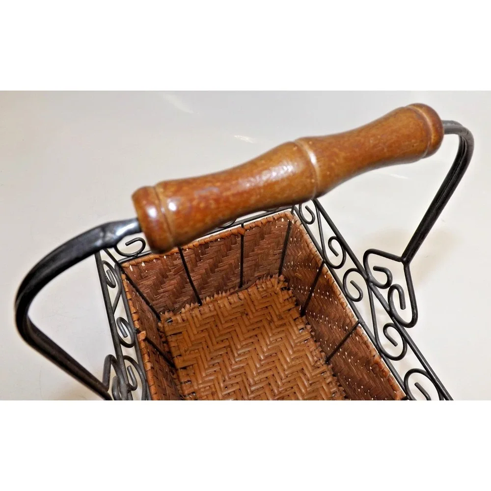 Scrollwork Metal & Woven Wicker Handle Basket - 7x11 x 5